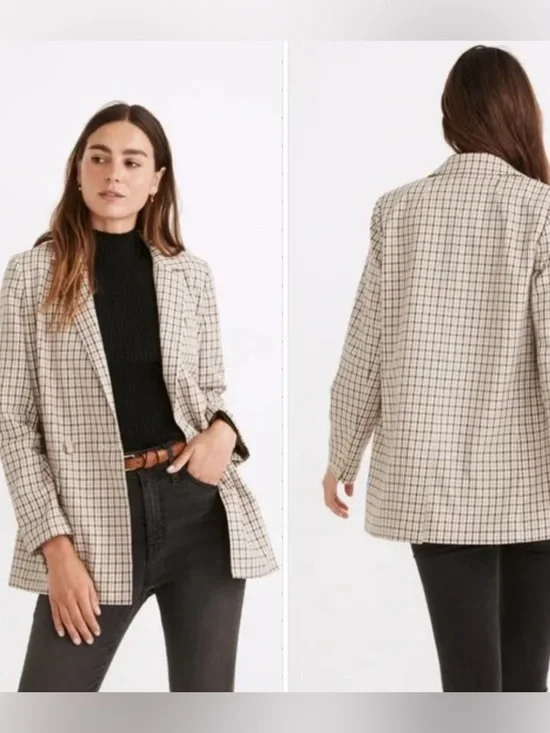 Madewell Plaid Oversized Spring Blazer Purple Green Tan Size Medium Professional - Picture 2 of 14